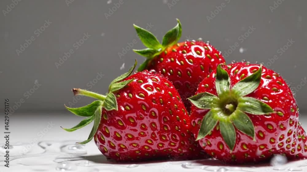 Fresh strawberries close up with water drops, summer fruit, healthy food and tasty dessert 4k video UDH