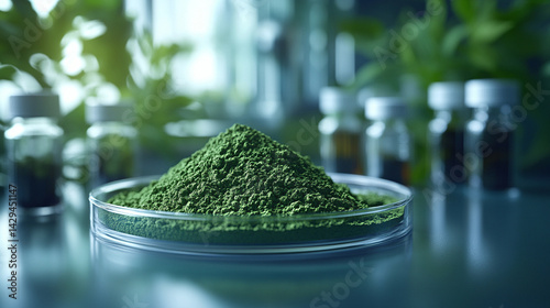 Obraz na płótnie Green powder in a petri dish symbolizes scientific exploration of natural remedies and plant-based medicine with lab tools and herbal extracts suggesting innovation in modern herbal research
w salonie