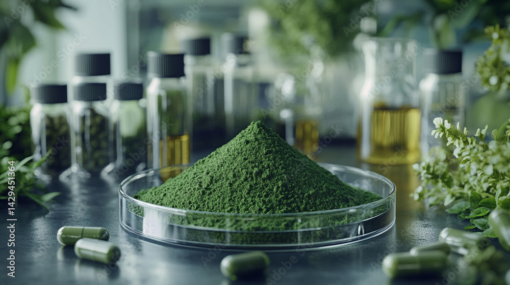 Green powder in a petri dish symbolizes scientific exploration of natural remedies and plant-based medicine with lab tools and herbal extracts suggesting innovation in modern herbal research