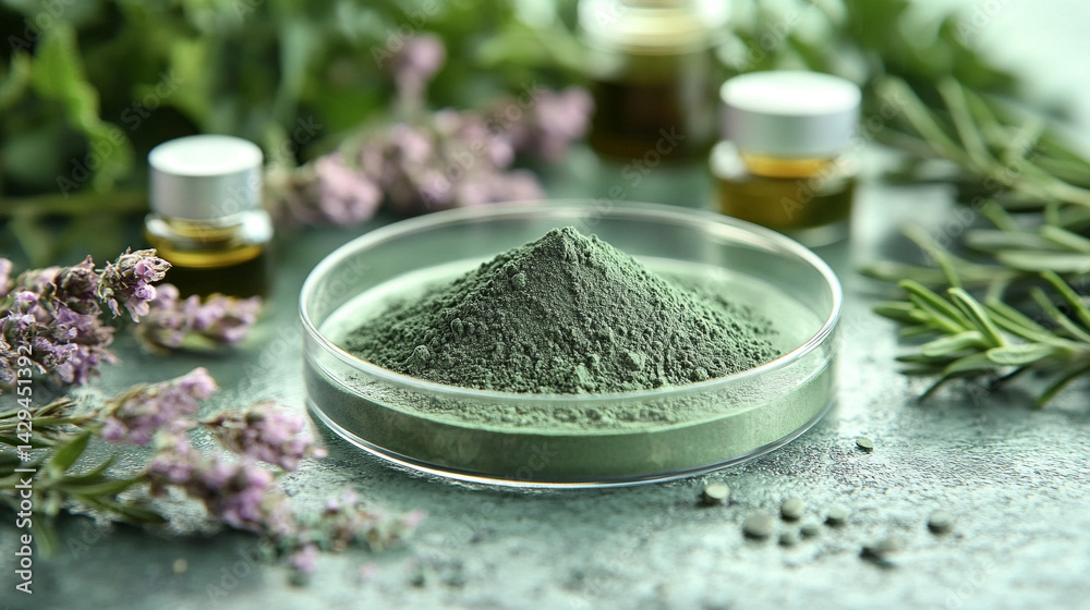 Green powder in a petri dish symbolizes scientific exploration of natural remedies and plant-based medicine with lab tools and herbal extracts suggesting innovation in modern herbal research