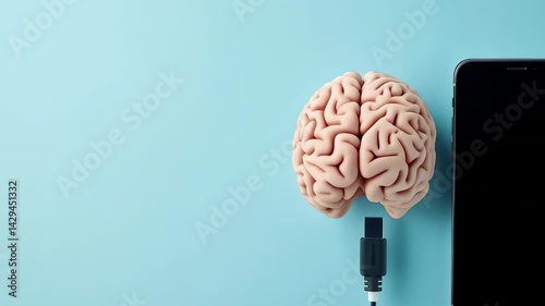 Creative blend of the human brain and smartphone charger inspires thoughts on tech integration and neuroscience in modern life