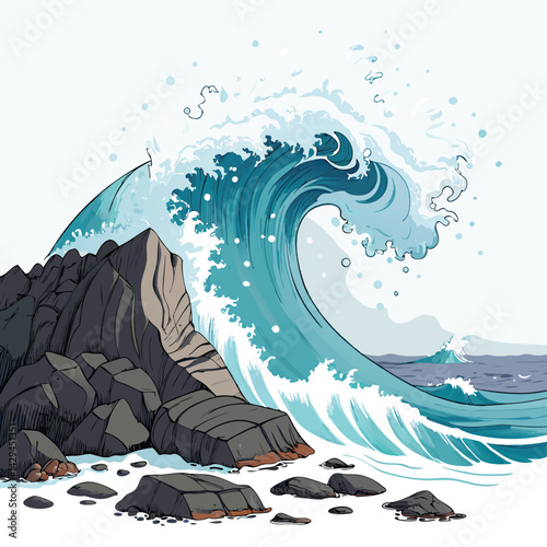 A colossal tidal wave, frothing white, crashes against rugged, dark volcanic cliffs.  Ocean is a deep, vibrant blue. Dramatic lighting.