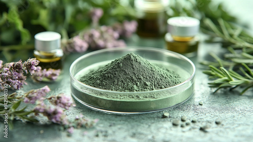 Obraz na płótnie Green powder in a petri dish symbolizes scientific exploration of natural remedies and plant-based medicine with lab tools and herbal extracts suggesting innovation in modern herbal research
w salonie