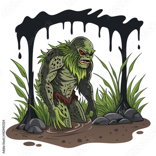 Render a terrifying swamp creature, partially submerged in black, viscous sludge, with decaying plant-like features, lurking menacingly.  Focus on detailed textures and lighting.