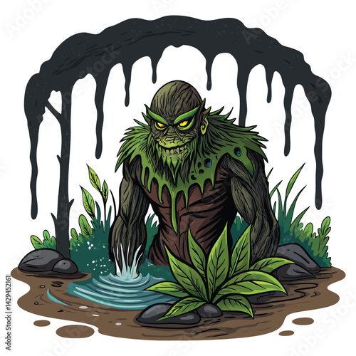 A monstrous swamp plant, half-submerged in black, viscous sludge, its roots writhing, menacingly lurking in the dark, murky water.
