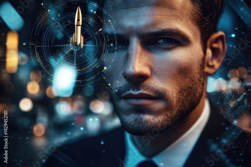 A man's face superimposed with a futuristic compass and rocket, symbolizing ambition and innovation.
