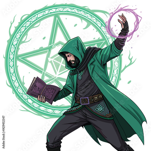 A futuristic technomancer, hands glowing, summoning intricate code spells from an archaic glowing arc, vibrant energy pulses around them.