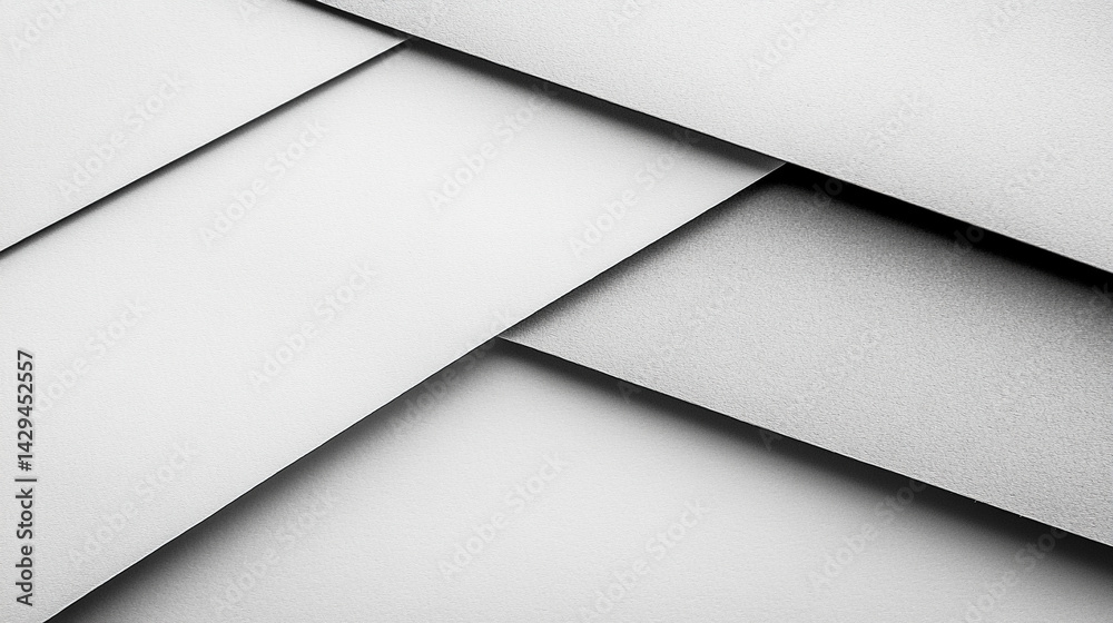 Grey and white abstract background with layered paper elements and subtle shine symbolizing clarity elegance simplicity balance and the layering of ideas or structured thought