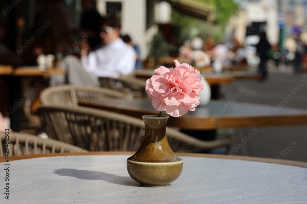 Street cafe in city with empty tables outdoor on people background. Vase of rose carnation flower on round table and cozy chairs in sunny day