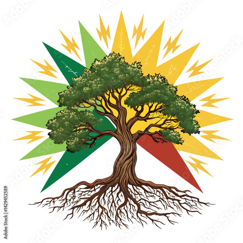 Design a vibrant, stylized image of a tree-shaped energy burst, radiating green and gold light, symbolizing nature's potent energy.