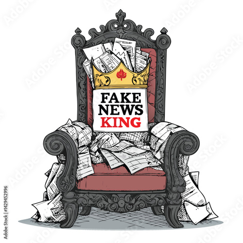 A regal throne constructed entirely of stacked newspapers, upon which sits a crowned figure embodying "Fake News,"  surrounded by satirical elements.