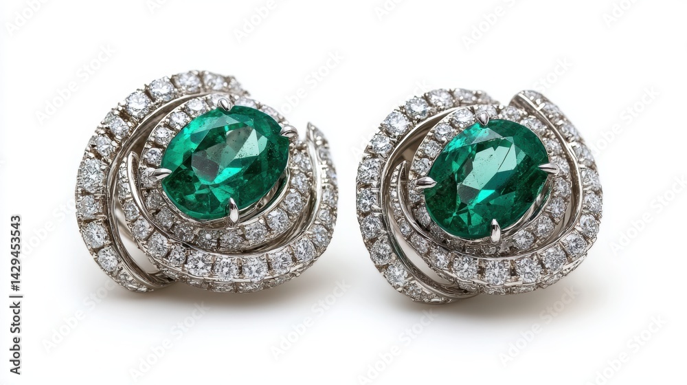 Bulgari-style emerald and diamond earrings, isolated on white background Bulgari-style emerald and diamond earrings, isolated on white background