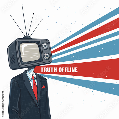A surreal depiction of a TV-headed figure spewing blatant falsehoods, while the truth is offline and inaccessible.  Focus on the contrast between manufactured reality and genuine truth.