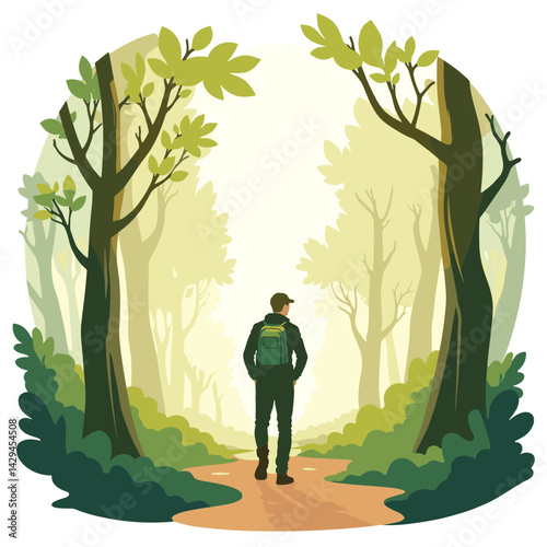 Hiker enjoying tranquility on a forest path in nature  