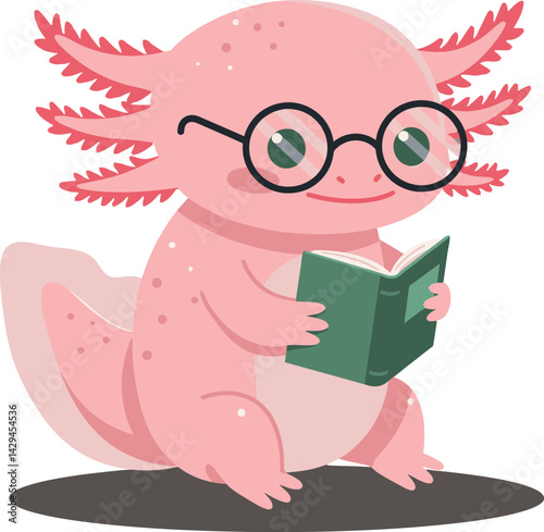 Pink Axolotl Reading Book Cute Cartoon Character Vector Illustration 