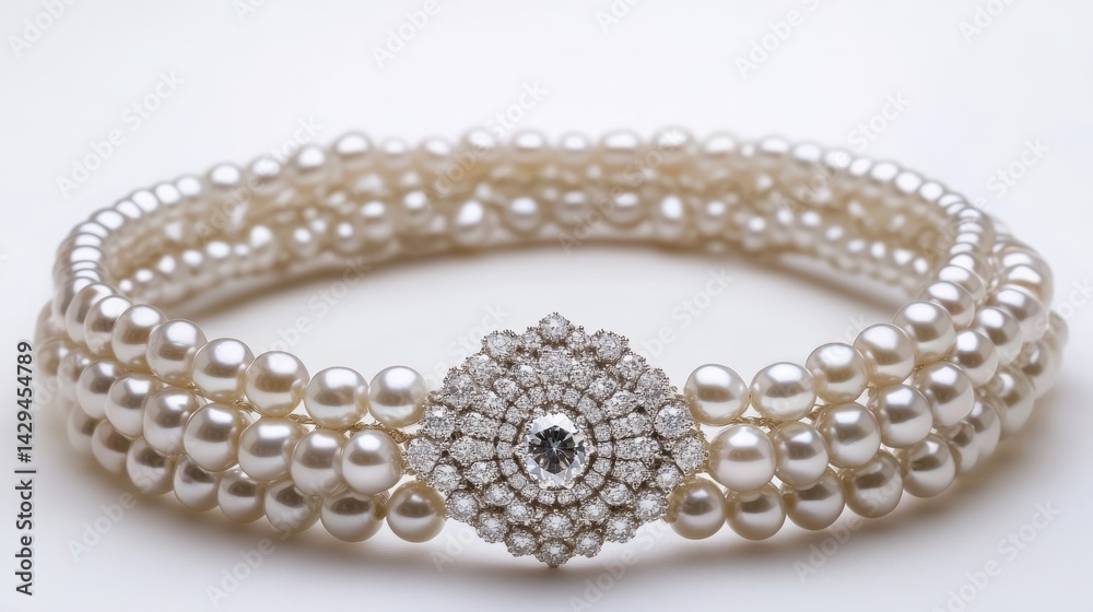 Multi-strand pearl choker with diamond centerpiece, isolated on white background