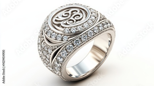 Custom luxury signet ring with monogram in diamonds, isolated on white background
