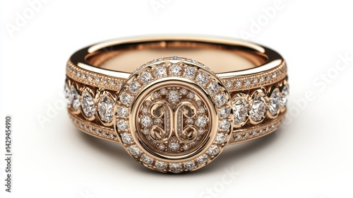 Custom luxury signet ring with monogram in diamonds, isolated on white background