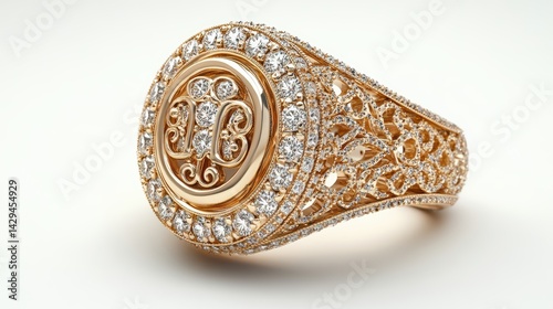 Custom luxury signet ring with monogram in diamonds, isolated on white background