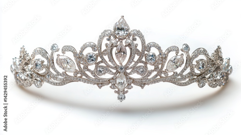 Luxury bridal tiara with teardrop diamonds and platinum base, isolated on white background Luxury bridal tiara with teardrop diamonds and platinum base, isolated on white background