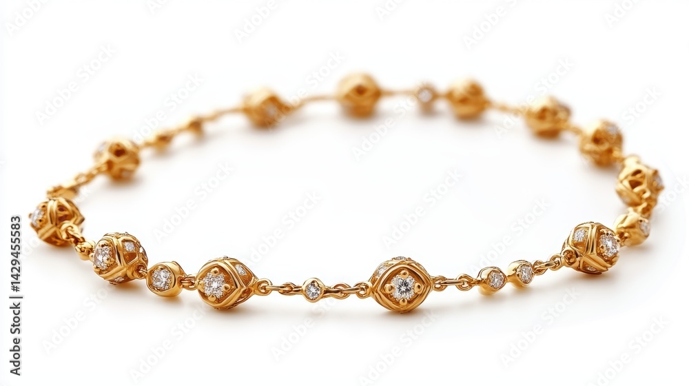 Elegant anklet with fine gold chain and diamond charms, isolated on white background Elegant anklet with fine gold chain and diamond charms, isolated on white background