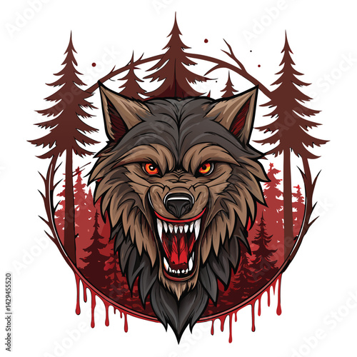 A terrifying werewolf head, fangs dripping with blood, inside a stylized letter 'F'.  Detailed, sharp focus, dark and gritty aesthetic.