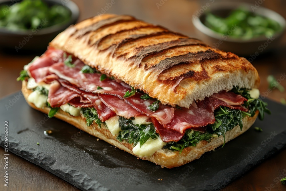 Grilled Sandwich with Fresh Greens and Sliced Meat on a Slate Platter Grilled Sandwich with Fresh Greens and Sliced Meat on a Slate Platter