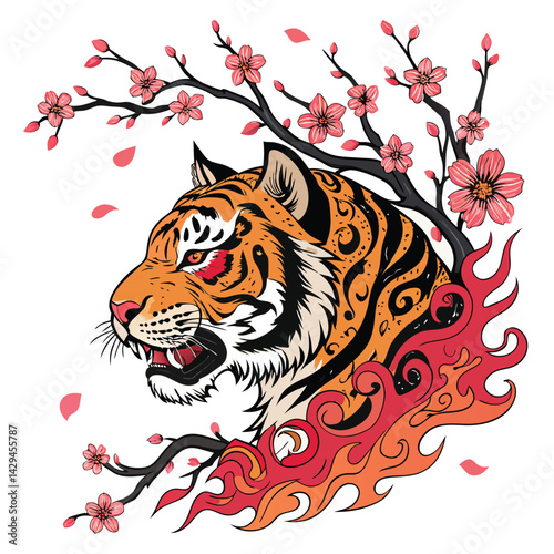 Create a fierce Yakuza-style tiger head illustration, incorporating traditional Japanese flame tattoo designs.  The tiger should display intense expression and detailed fur.