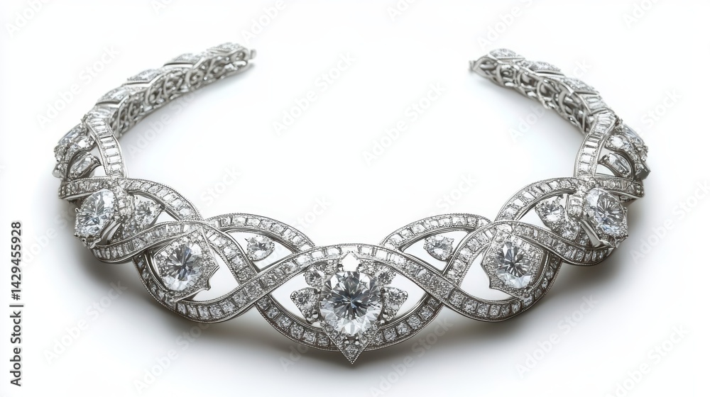 Diamond collar necklace with symmetrical art deco patterns, isolated on white background Diamond collar necklace with symmetrical art deco patterns, isolated on white background
