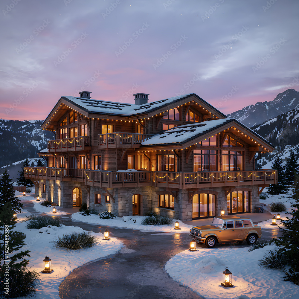 Fototapeta premium Modern Luxury House at Night Decorated with White Christmas Lights, Curved Architecture with Glass Walls, Warm Interior Lighting, Reflections in Water, Trees Wrapped in Lights, Holiday Atmosphere
