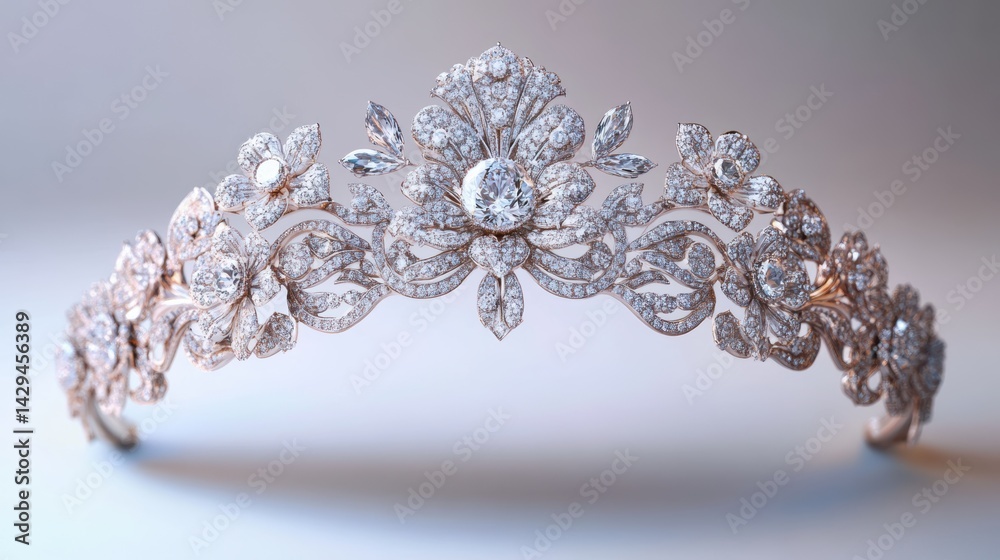 Fototapeta premium High-jewelry diamond tiara with layered floral motifs, isolated on white background
