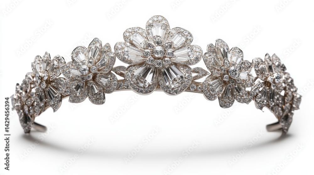 Fototapeta premium High-jewelry diamond tiara with layered floral motifs, isolated on white background