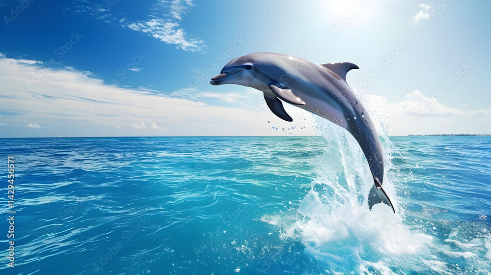 Fototapeta premium Dolphin Leaping Out of the Ocean with Splashing Water and a Bright Sky.