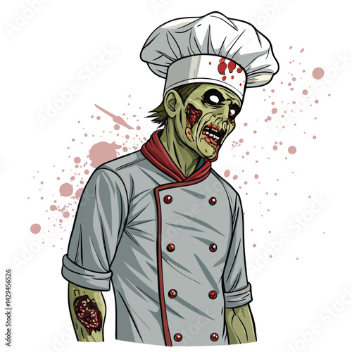 A gruesome zombie chef, apron stained with gore, prepares a horrifying spaghetti dish;  brains are visible within the pasta.  High detail, dark, horror art style.