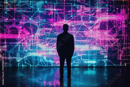 A person silhouetted against a vibrant digital display showcasing complex interconnected data streams.
