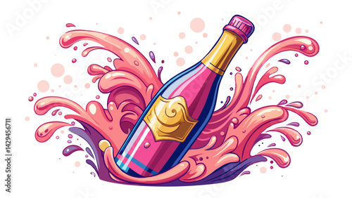 A bottle of pink champagne with sparkling wine waves splashes isolated on transparent background.
