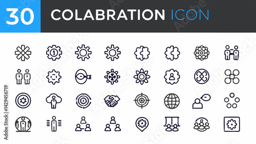 Collection of collaboration icons featuring gears, people, and global symbols in outline style design created with generated ai