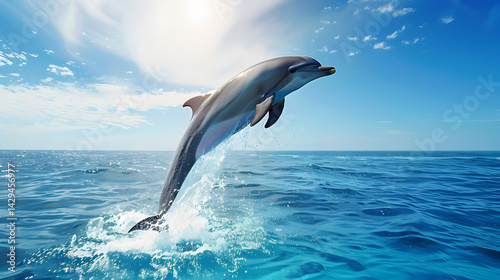 Playful Dolphin Leaps from Ocean Under Blue Sky with Clouds.