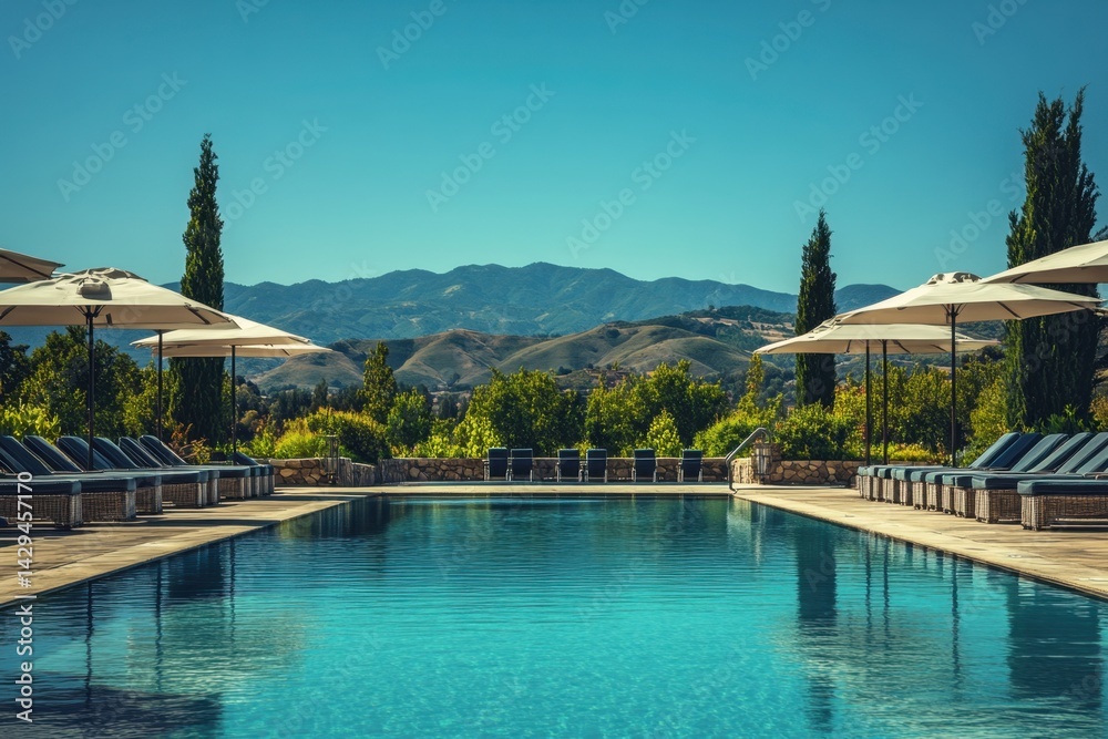 Obraz premium A stunning poolside view of Napa Valley, with the hotel's outdoor swimming pools surrounded by lush greenery and mountains in the background Generative AI