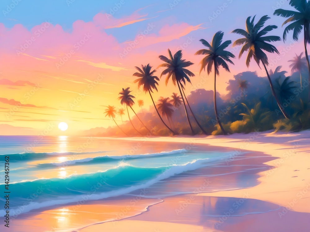 Obraz premium Tropical beach with palm trees at sunset reflecting on ocean waves.