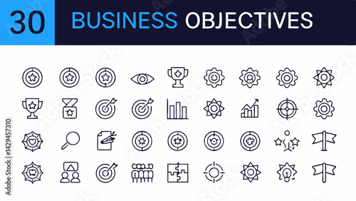 Illustration of business objectives icons including target trophy and puzzle elements in a grid layout created with generated ai