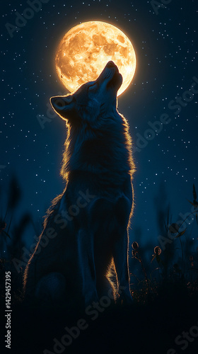 Majestic wolf silhouetted against a glowing full moon in a starry night sky symbolizes strength independence mystery and the primal connection between nature instinct and the wild unknown


