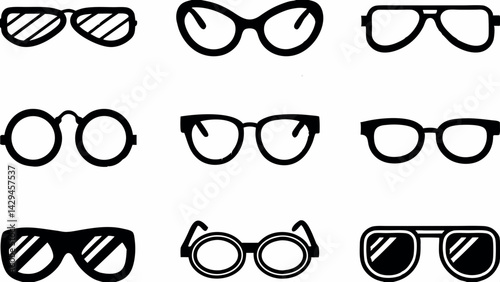 Collection of nine different styles of eyeglasses and sunglasses in black and white vector format created with generated ai