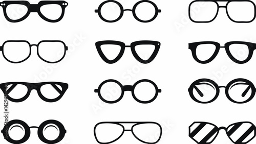 Collection of twelve different styles of eyeglasses and sunglasses in black and white vector format created with generated ai