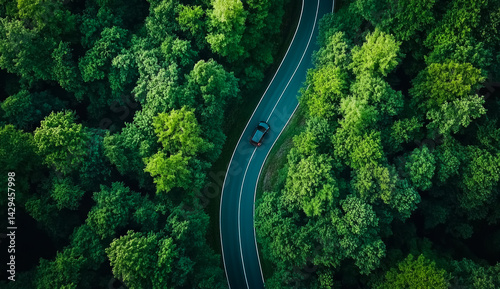 Winding road through a lush green forest showcasing a car's journey amid nature's vibrant beauty