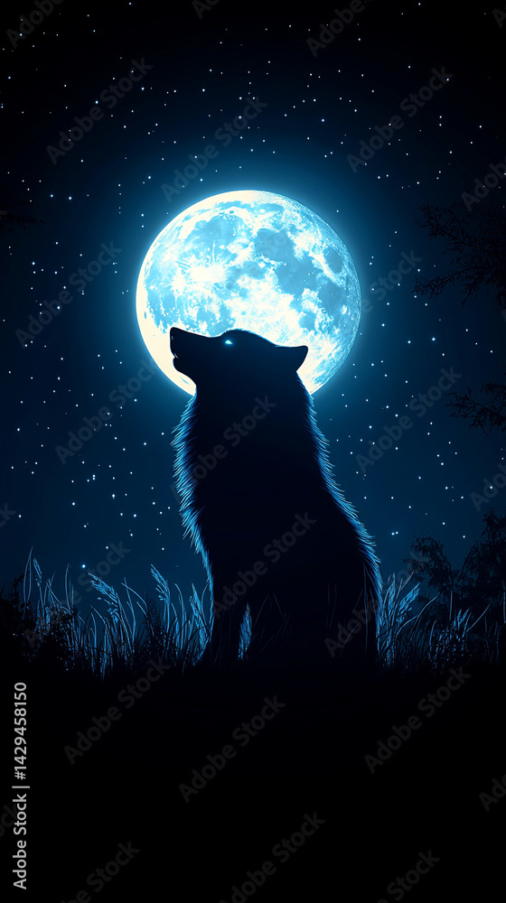 Majestic wolf silhouetted against a glowing full moon in a starry night sky symbolizes strength independence mystery and the primal connection between nature instinct and the wild unknown