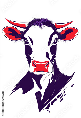 Colorful cow silhouette exudes charm with vibrant red and purple hues set against a minimalist white backdrop