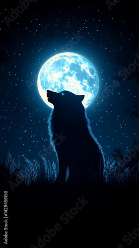 Obraz na płótnie Majestic wolf silhouetted against a glowing full moon in a starry night sky symbolizes strength independence mystery and the primal connection between nature instinct and the wild unknown
w salonie
