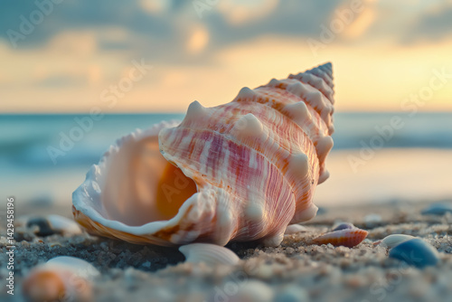 Beauty of a conch shell at sunset on the beach with a blurred ocean background creating a serene atmosphere