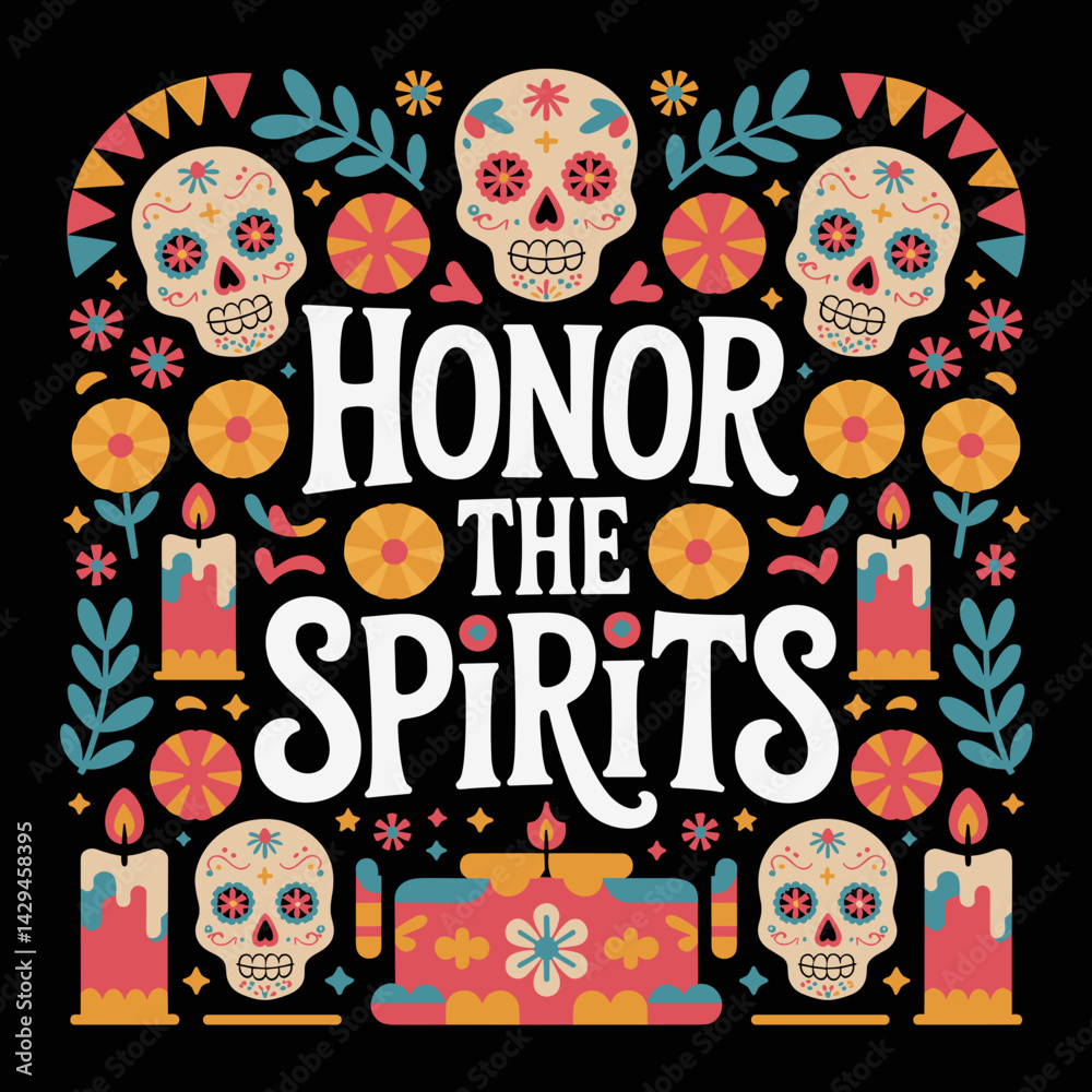 Fototapeta premium Day of the Dead Celebration Card with Skulls and Candles